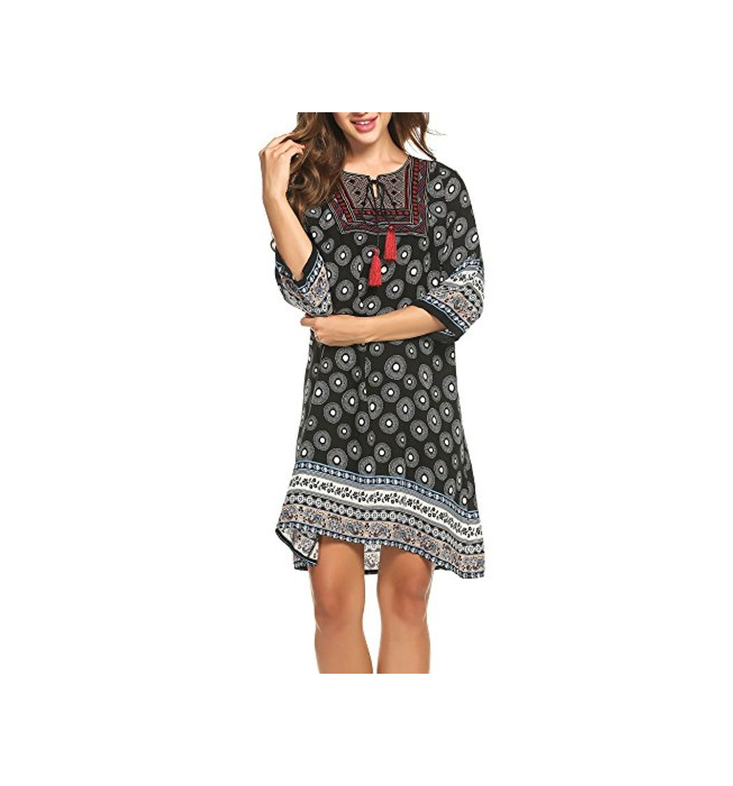 Producto Beyove Vestido de túnica suelto para mujer, estilo bohemio, estampado étnico Negro