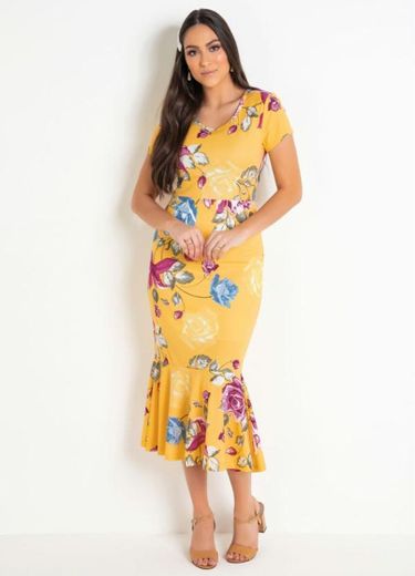 Vestido Sereia Moda Evangélica Floral Amarelo - Rosalie