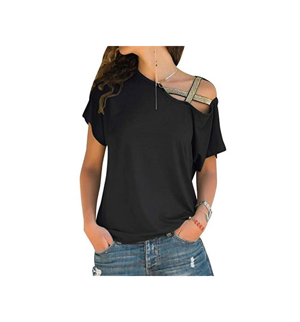 Products Camiseta Hombros Descubiertos Mujer Camisetas Lisas Sin Hombros Manga Corta Mujeres Oversize Anchas Tops Verano Casual Remeras Largas Damas Playeras Camisas Señora Blusas Amplias Negro XL