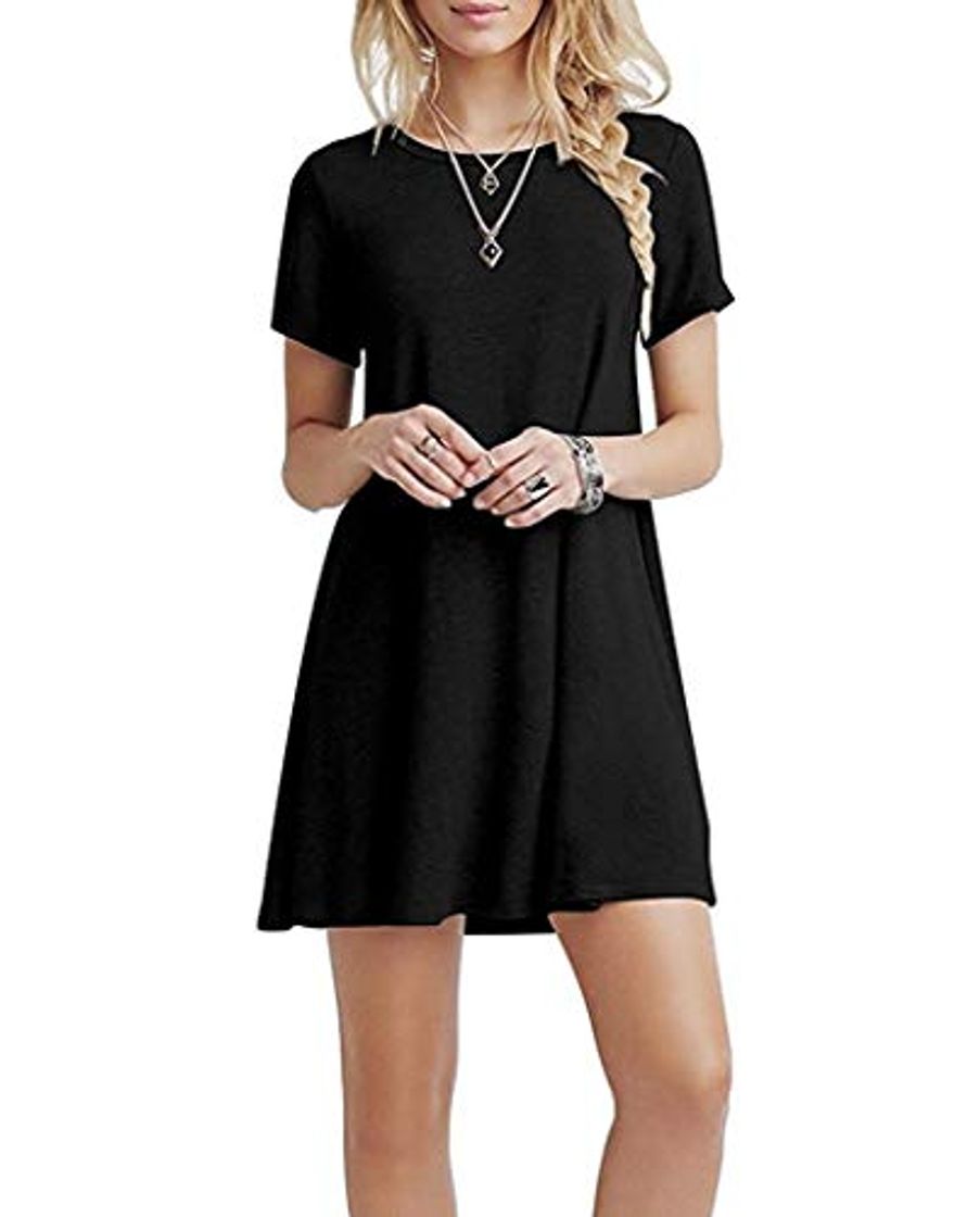 Product YOUCHAN Vestidos Mujer de Camiseta Suelto Casual Cuello Redondo Ocasional Sólida Mini Vestido_Negro_L