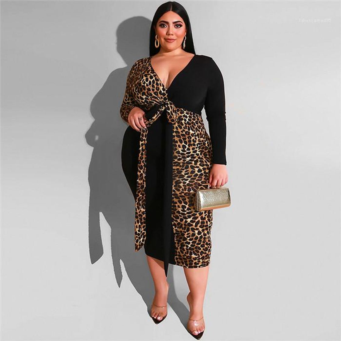 Moda Trajes De Vestir para Mujer Vestido De Talla Grande con Estampado De Leopardo De Manga Larga De Invierno para Mujer Vestido De Túnica Larga con Cuello En V Sexy Vintage Vestidos De Fiesta Casuale