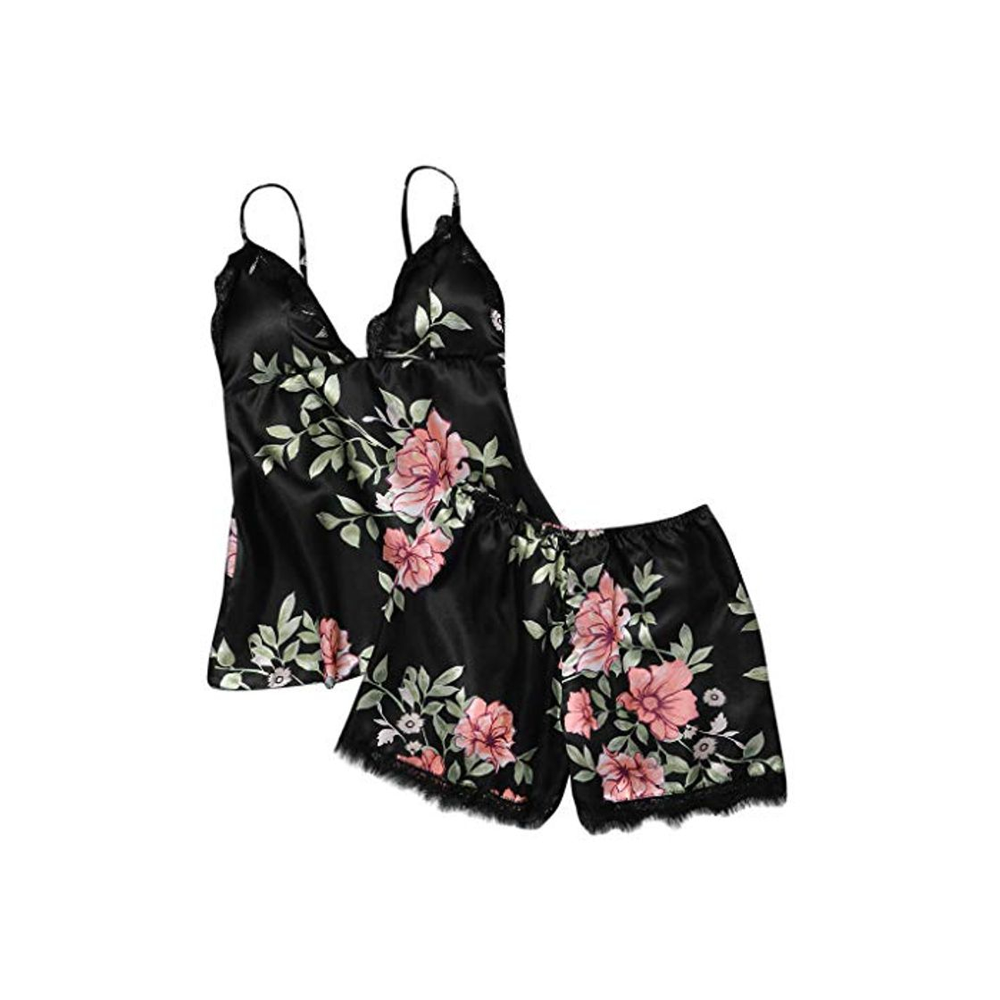 Producto Proumy Pijama Negra Floral Mujer Verano Bata Sexy de Talla Grande Conjunto de Ropa de Dormir Cuello V Transparente Camisola Larga con Calzoncillos Cortos Traje de Noche Vestido de Cama Dos Piezas