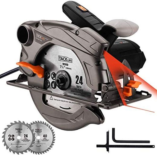 TACKLIFE 1500W 4700RPM Sierra Circular, Sierra Compatible Hoja: 185 y 190mm, Corte