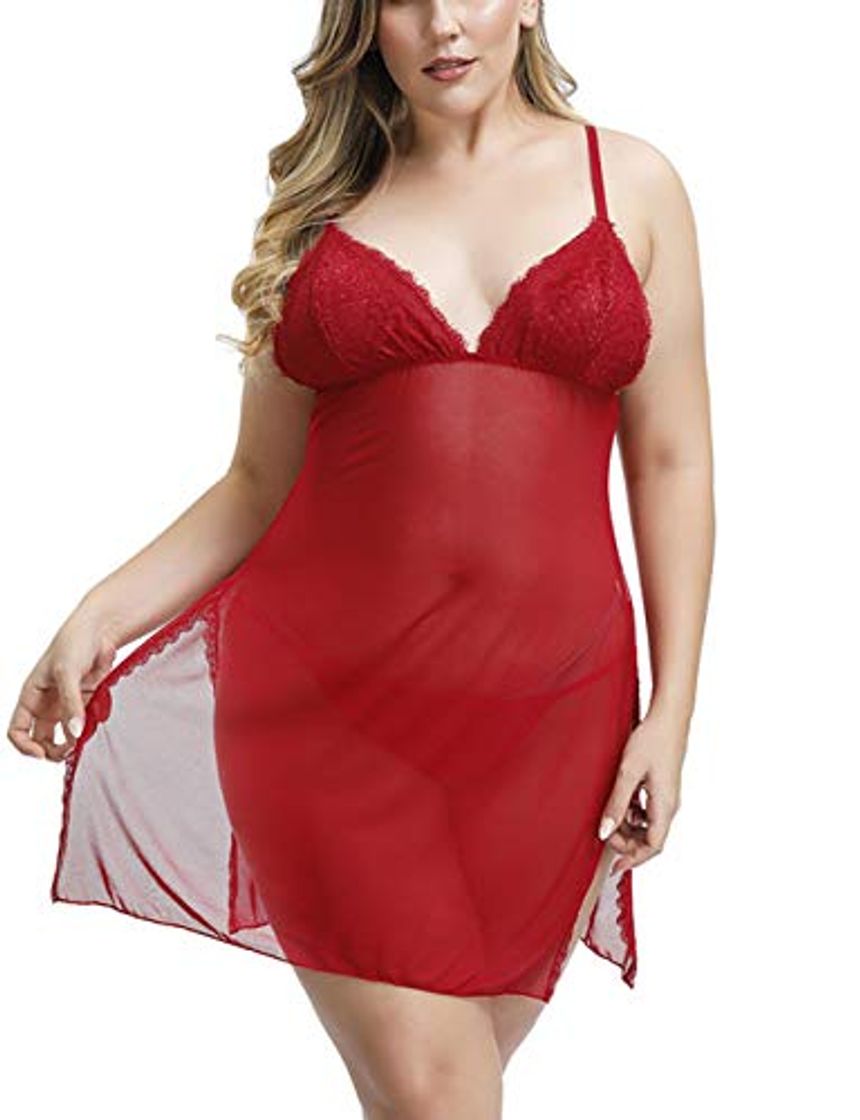 Producto FeelinGirl Mujeres Camisón Sexy con Tanga Ranura Alta Malla Perspectiva Ropa Íntima Talla Grande Rojo 3XL