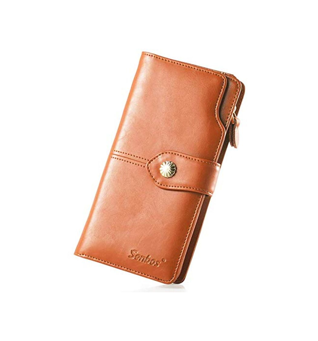 Social Senbos Cartera Mujer Cuero Monederos Cartera de Cuero marrón de Gran Capacidad de Piel de Vaca Genuina para Las Mujeres Damas Monedero con Caja de Regalo para el día de la Madre