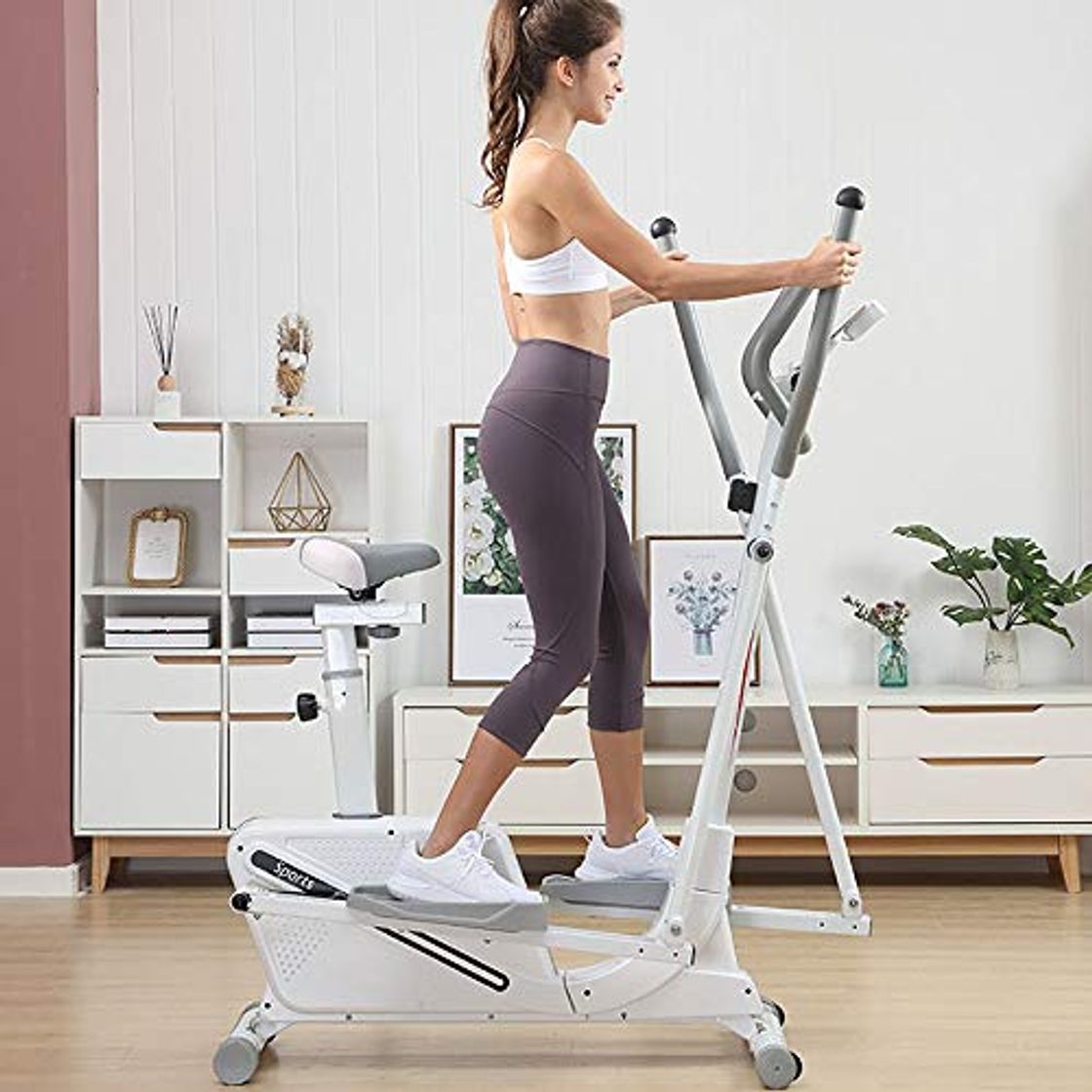 Social Máquina elíptica para el hogar Elíptica entrenador y la bicicleta estática con asiento y fácil ordenador dual Trainer 2 En 1 Cardio Home Office ejercicios de fitness máquina blanca Bicicleta de ejerci