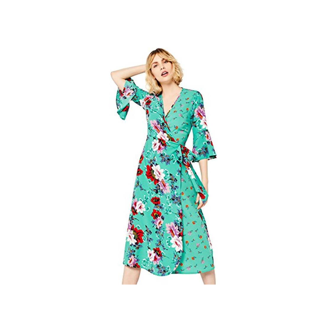 Fashion Marca Amazon - find. Vestido Cruzado de Flores Mujer, Verde