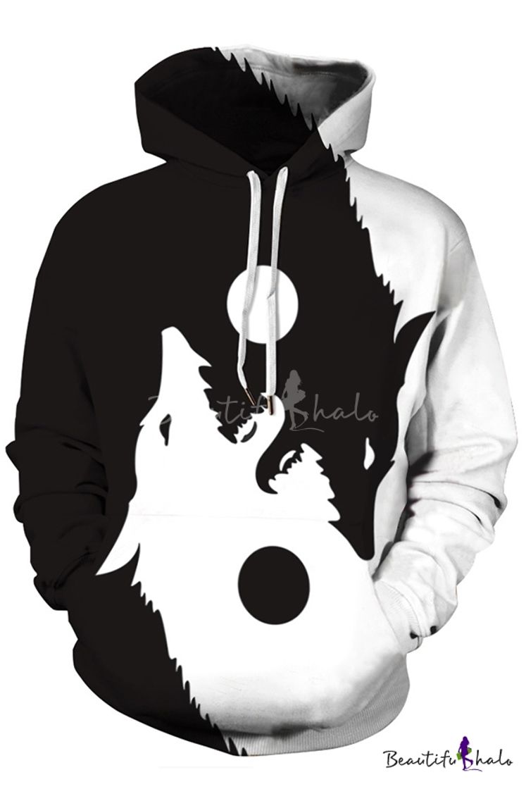 Social 3D Yin Yang Wolves Printed Drawstring Hood Long Sleeve Casual ...