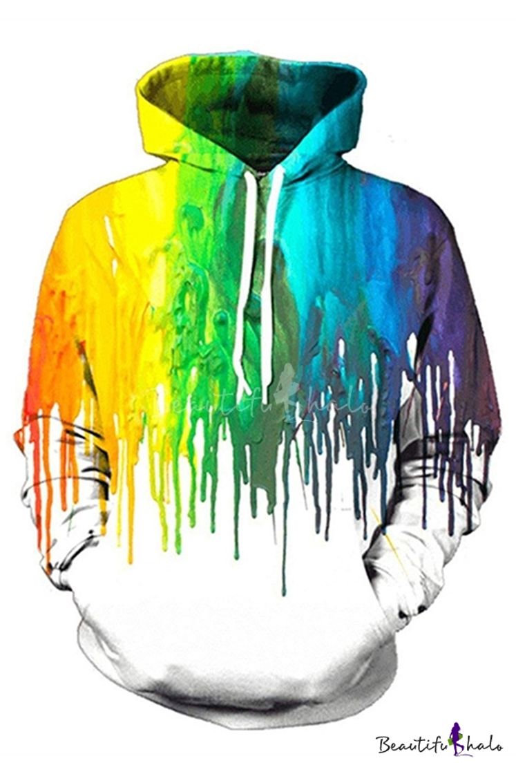 Social White Fashionable Long Sleeve Rainbow Pouring 3D Patterned ...