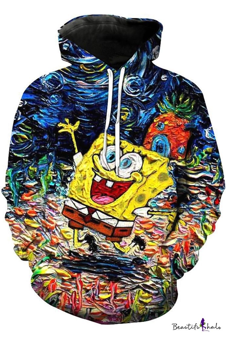 Social SquarePants New Stylish 3D Oil Painting Loose Fit Drawstring Hoodie