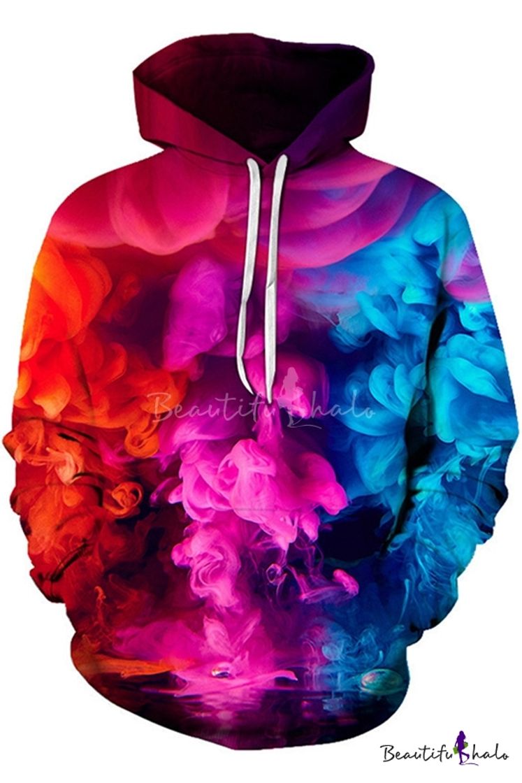 Social Fashionable Boys Long Sleeve Drawstring Colorful Smoke 3D ...