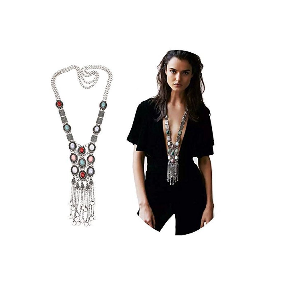 Social Vintage retro Rhinestone plata dorada turquesa Boho Bohemia larga declaración étnica tribal