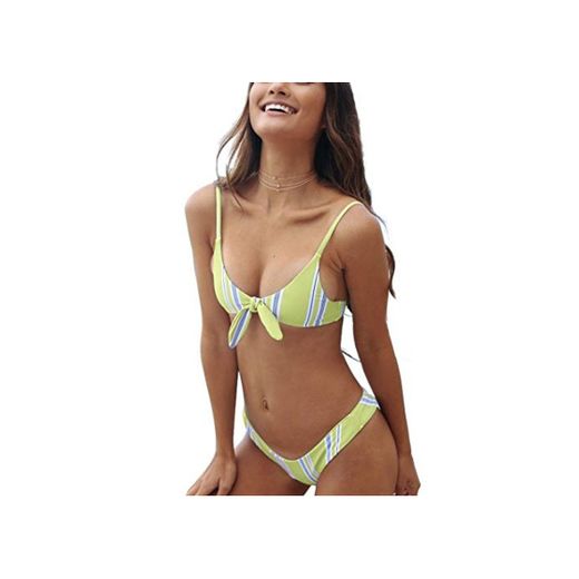Jiuyizhe Knot Front Tropical Bikini Set Traje de baño de Rayas Mujer