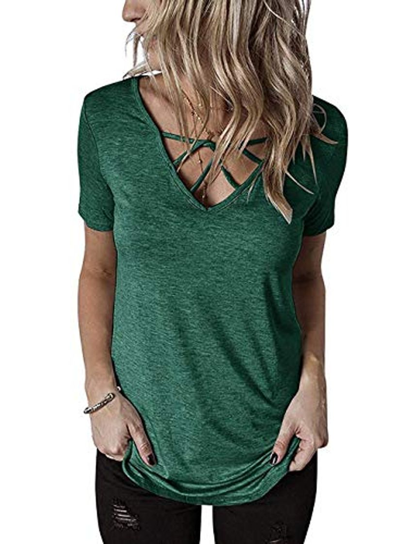 Social Camiseta Cuello Pico Mujer Manga Corta Camisa Casual Verano Tops Verde S