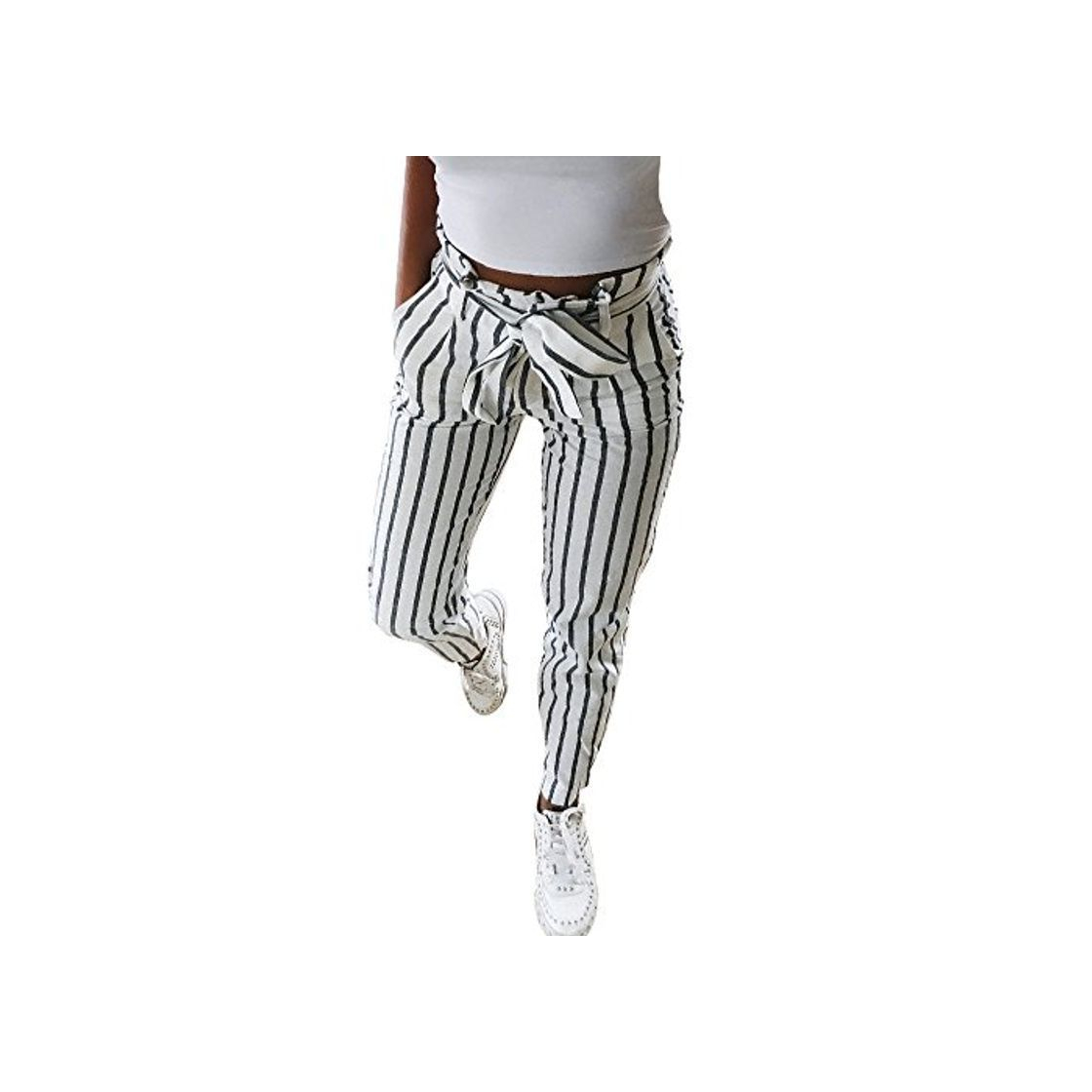 Product Logobeing Pantalones a Rayas con Cintura Alta para Mujer Jeans Deportes Pantalones