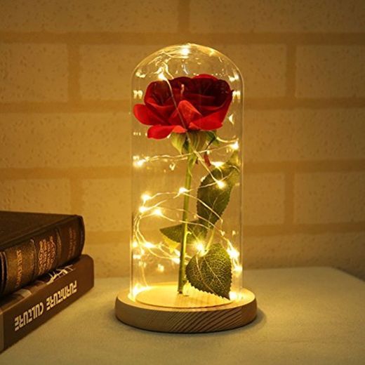 LEDMOMO Rosa de Seda con luz LED en cúpula de Vidrio en