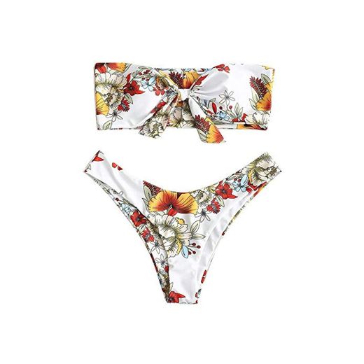 UMIPUBO Traje de Baño Mujer Bikini Bandeau Bañadores Palabra de Honor con Estampado Tropical Conjunto de Tankini 2 PCS Ropa de Baño