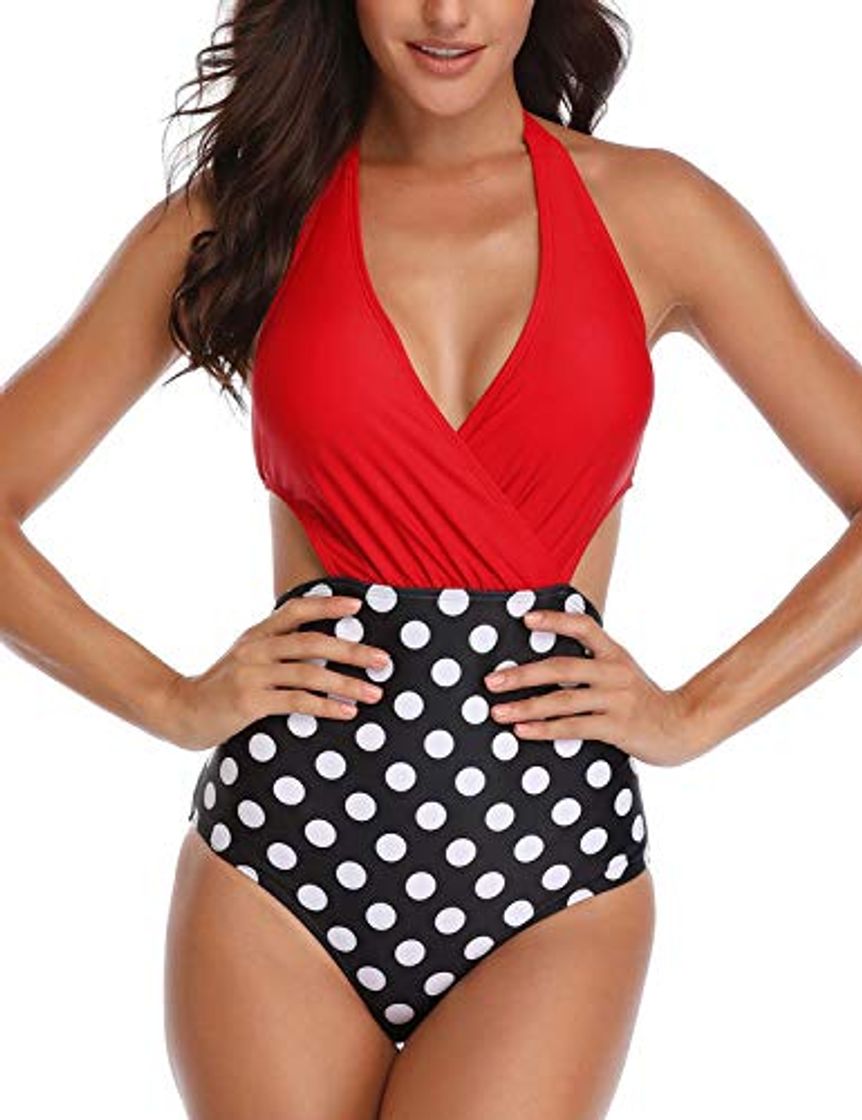 Social heekpek Mujeres Retro Cintura Alta Trajes de Baño Una Pieza Polka Dot Bañador Trajes de Brasileño Conjunto de Bikini Color Liso Push up Bralette