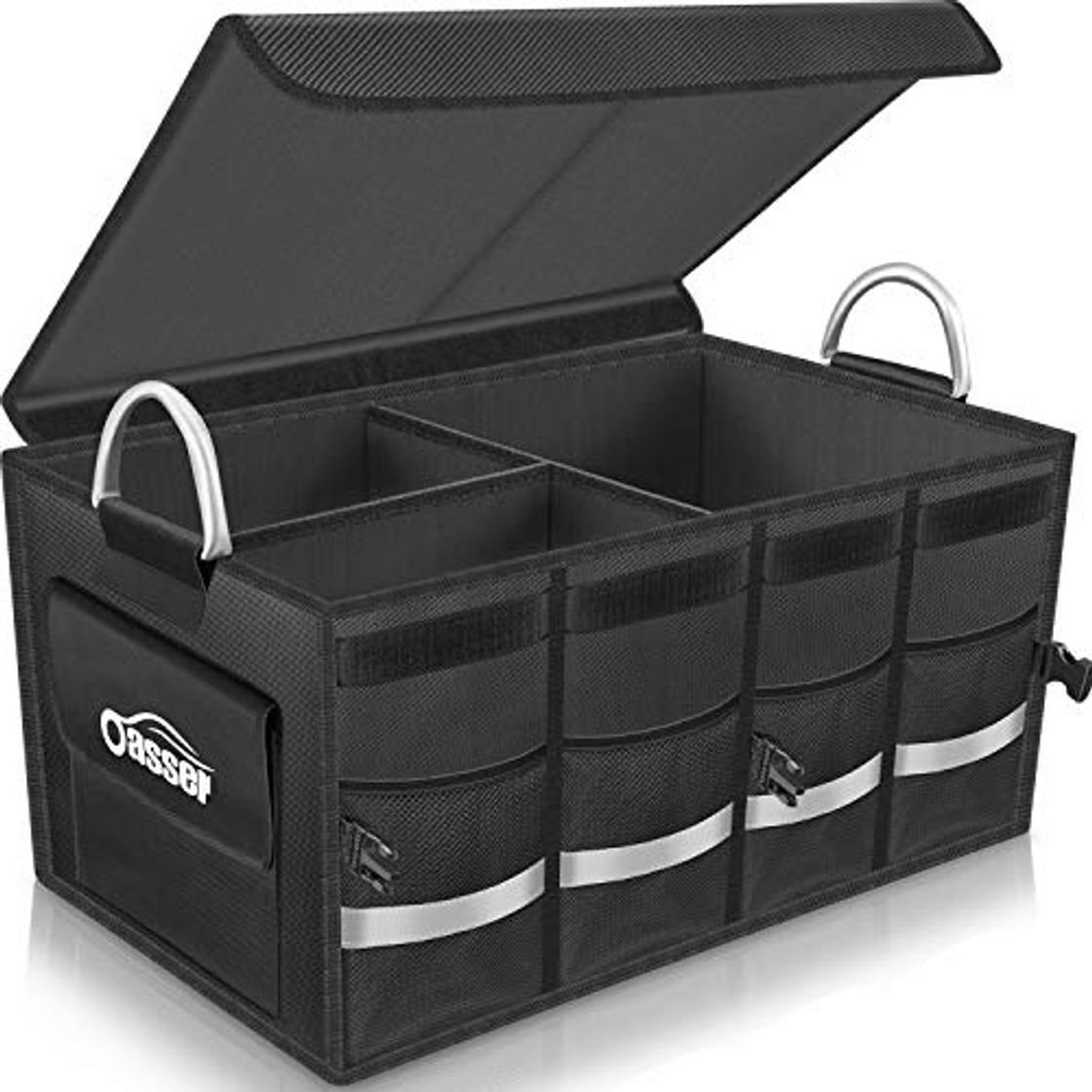 Product Oasser Organizador Maletero Coche Caja Maletero Coche Bolsa Maletero Coche Organizador Coche con Tapa Gran Capacidad Varios Compartimentos Asas Resistentes Impermeable Plegable Negro E3