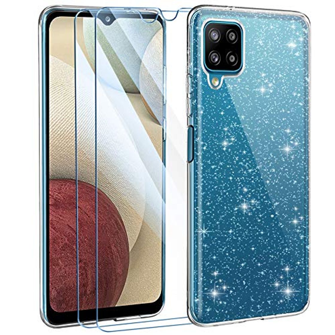 Electronic AROYI Funda Compatible con Samsung Galaxy A12 Glitter y 2 Piezas Protector