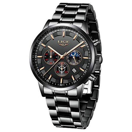 LIGE Relojes para Hombre Moda Acero Inoxidable Deportivo Analógico Reloj Cronógrafo Impermeable