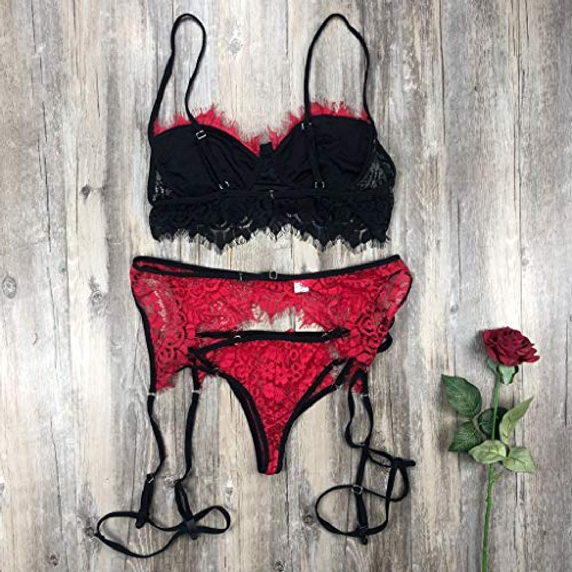 Social Lenceria Sexy Mujer Correas Sujetador y Panty Liga Conjunto Ropa Interior Babydoll Atractiva De Muselina Ropa de Dormir de TentacióN Deep V Lencería Pijamas riou