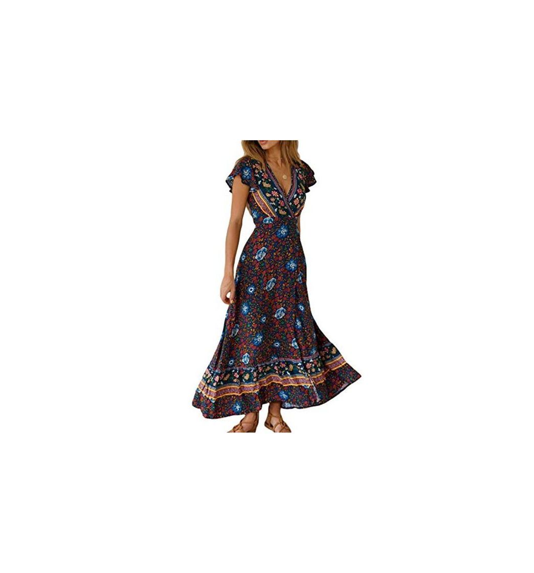 Fashion Vestido Mujer Bohemio Largo Verano Playa Fiesta Floral Manga Corta Cuello en