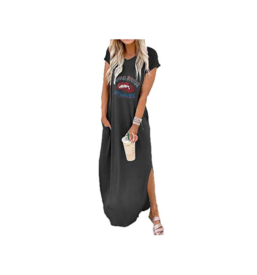 Product Vestido Largo Casual de Mujer Bolsillos de Manga Corta de Verano Vestidos Largos de Playa con Aberturas Negro S