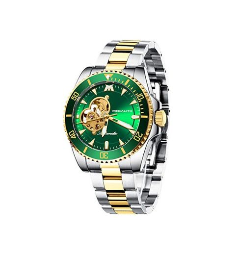 MEGALITH Relojes Hombre Relojes de Pulsera Automatico Esqueleto Mecánico Militar Elegante Oro Acero Reloj Hombres Negro Impermeable Clasicos Analogico