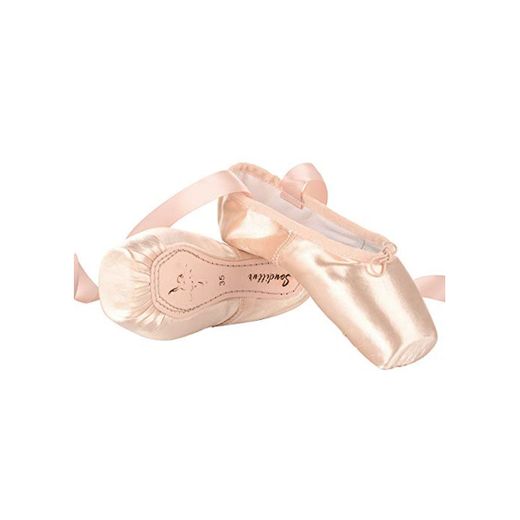 Soudittur Zapatillas de Ballet de Punta Pointe Zapatos Satén con Puntera de Gel de Silicona y Cintas para Niñas Rosa EU 33