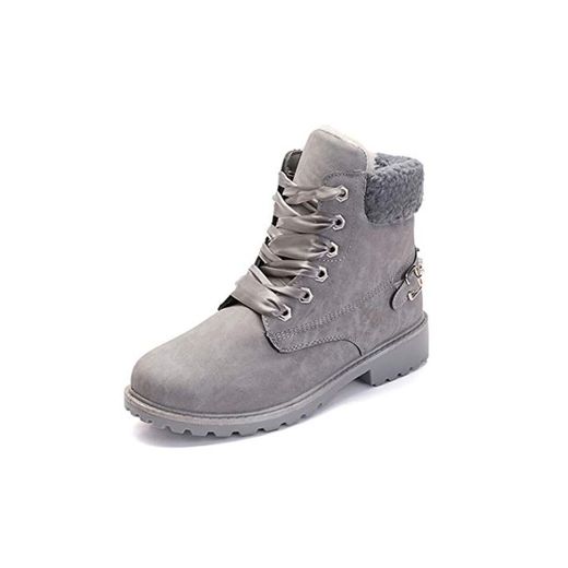 Botas Nieve Mujer Otoño Invierno Calentar Piel Forro Botines Retro Snow Boots Cordones Zapatillas Planas Gris 40