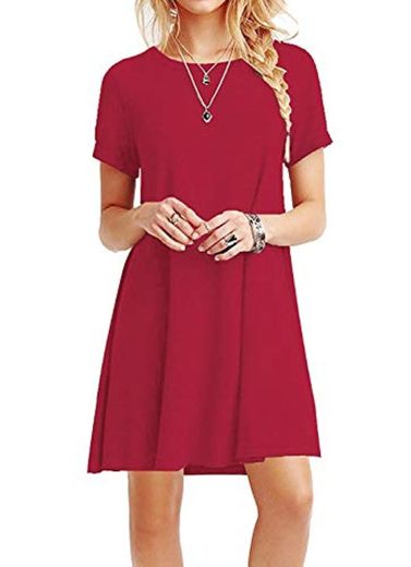 YOUCHAN Vestidos Mujer de Camiseta Suelto Casual Cuello Redondo Ocasional Sólida Mini Vestido_Rojo_L