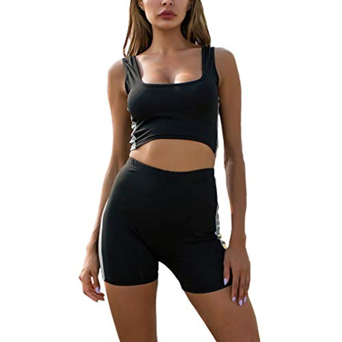 Fashion Kunfang Sexy Flaco Corto de Dos Piezas Conjunto Crop Tops y Biker Shorts Multicolor Bodycon Conjuntos a Juego Ropa de Rayas Reflectante de Neón Elástico para Mujeres