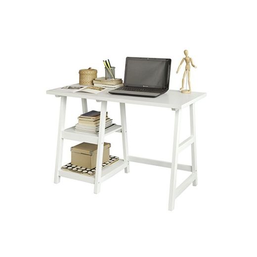 SoBuy® Mesa de Escritorio, Mesa de Ordenador con 2 estantes, Color Blanco,