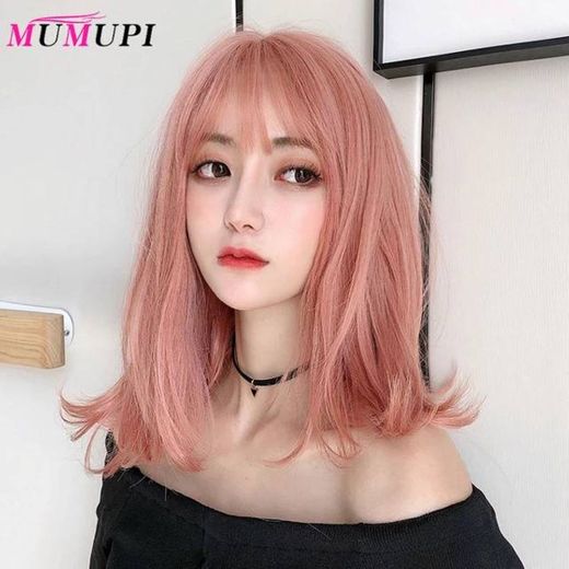 Peluca rosa de pelo sintético largo para mujeres