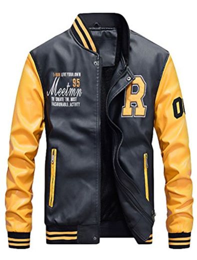 Vogstyle Hombres Cuero de Invierno la de Chaqueta de la PU de Béisbol con Chaquetas Amarillo M