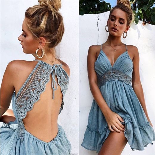 Vestidos De Verano para Mujer Boho Correas De Espagueti De Encaje Sin