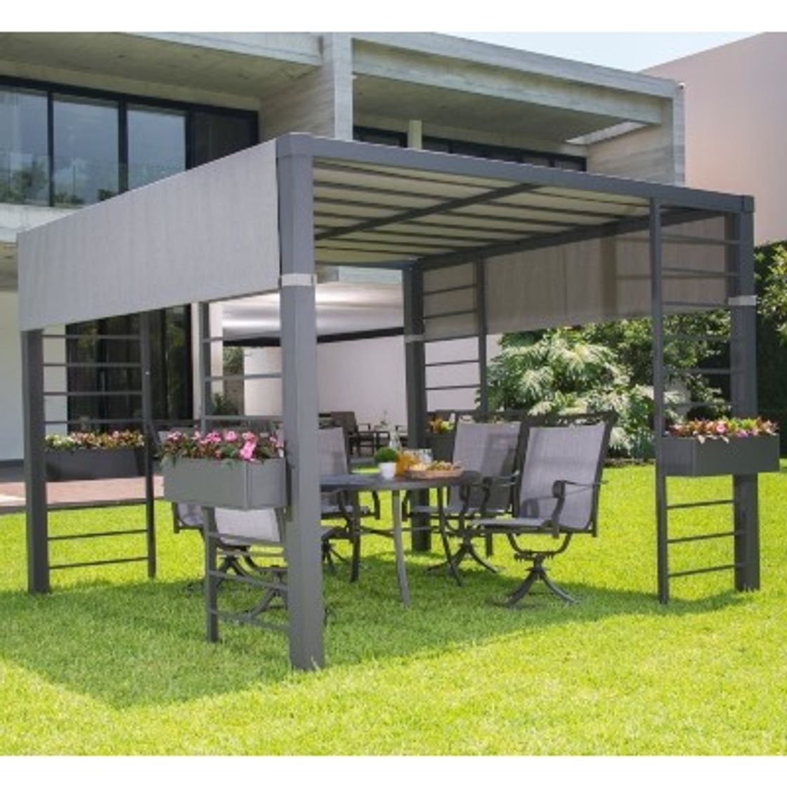 Social pérgola negro 305 x 220 cm de acero con tela decorativa