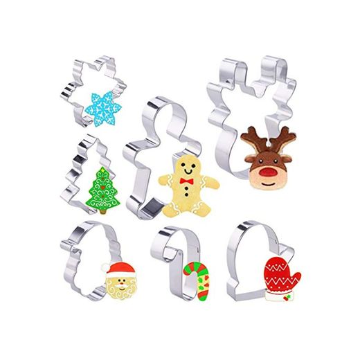 Fabur Galletas Navidad Moldes Acero Inoxidable Moldes Metal，árbol de Navidad ，Santa claus，Reno ，Copo de Nieve，Hombre de Pn de Jengibre，Guante ，Muletas，7 Piezas