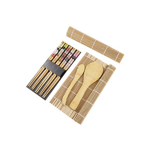 BESTONZON 15pcs kit de sushi de bambú que hace con 2 cintas de correr 5 pares de palillos de arroz paddle rice spreader