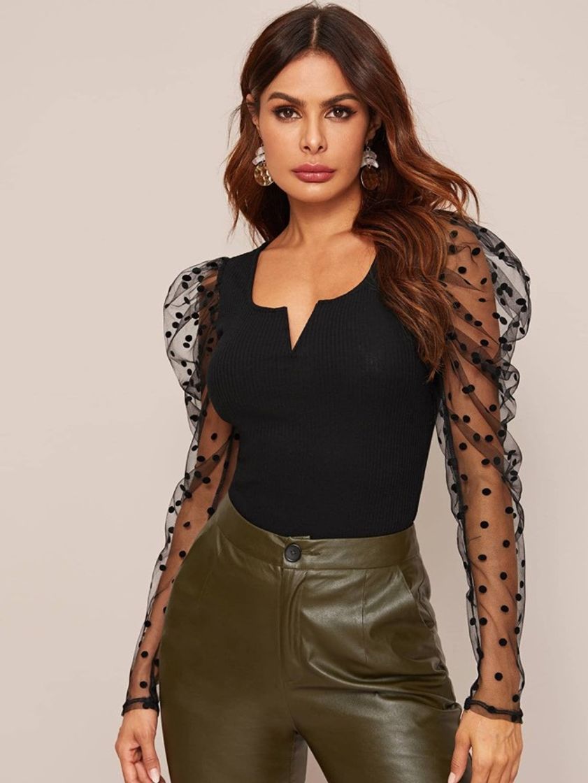 Moda SHEIN Preto Sheer Polka Dot Glamour Top