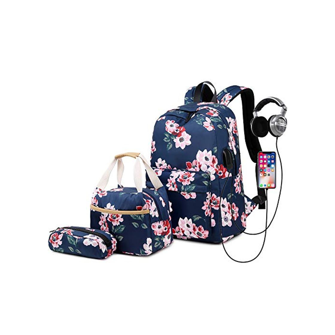 Product Mochila de flores para niñas con puerto de carga USB