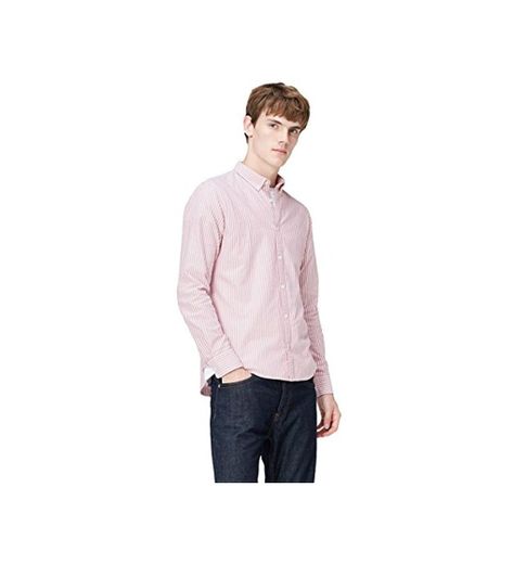 T-Shirts Camisa de Rayas Entallada con Cuello Óxford para Hombre, Rosa