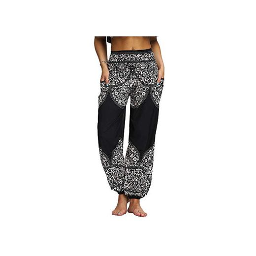 Nuofengkudu Mujer Hippies Pantalones Harem Tailandeses Boho Estampados Bolsillos Cintura Alta Baggy