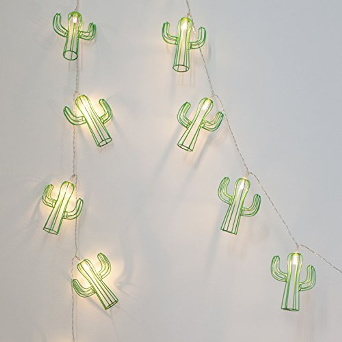 Product Lights4fun Cadena de Luces a Pilas con 20 LED Blanco Cálido y Cactus de Metal Verde