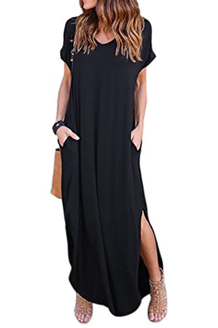 Product Vestidos Mujer Casual Bohemios Playa Largos Verano Vestido Boho Hendidura Falda Larga Maxi Vestido Playeros Black2 L