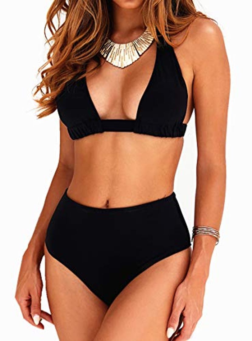 Fashion Bikini de Mujer Conjunto de 2 Piezas de Cuello Halter Traje de Baño de Estampado Floral de Cintura Alta para el Verano