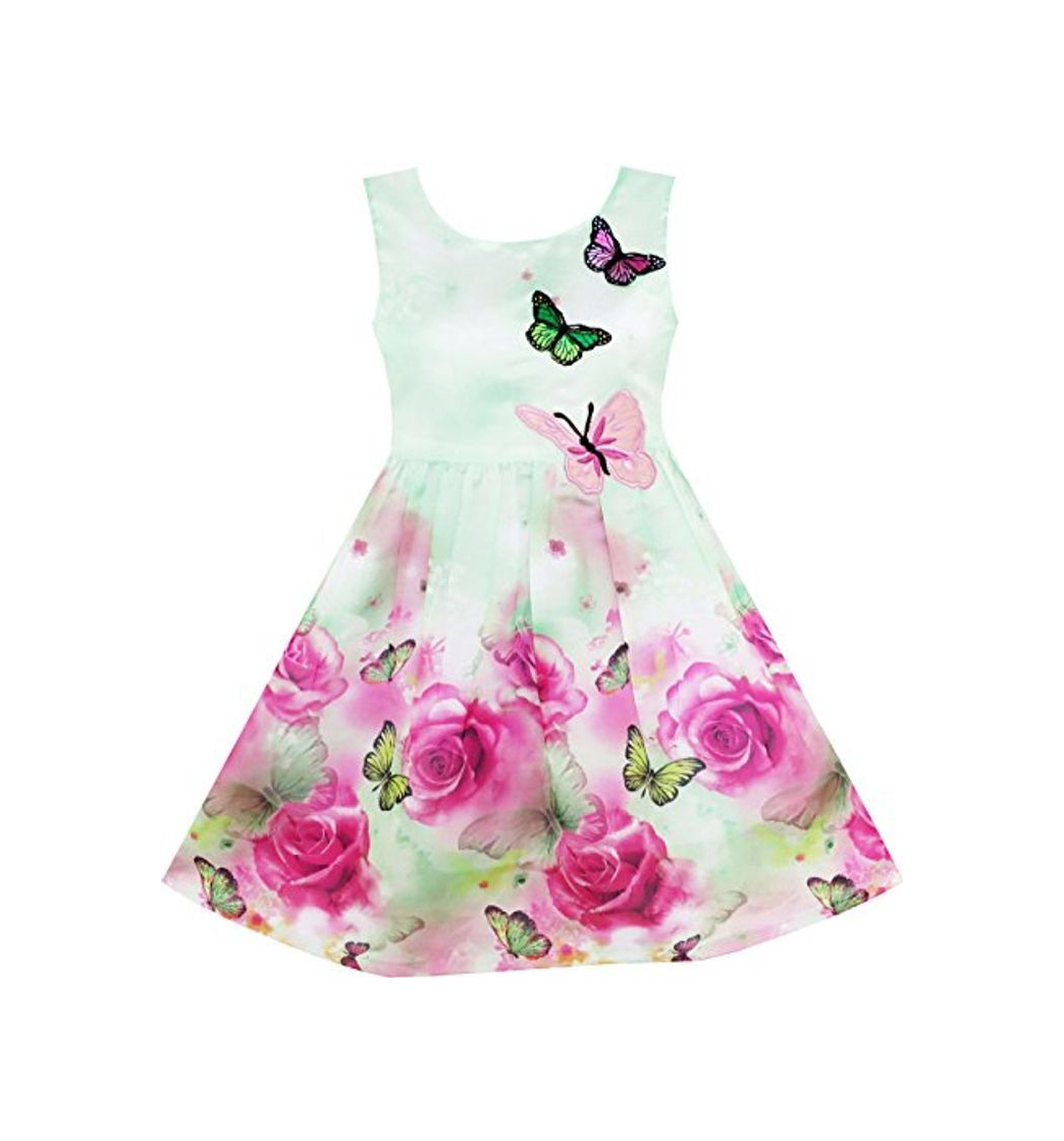 Social Sunny Fashion Girls Dress Rose Flower Print Butterfly Embroidery Green Vestido
