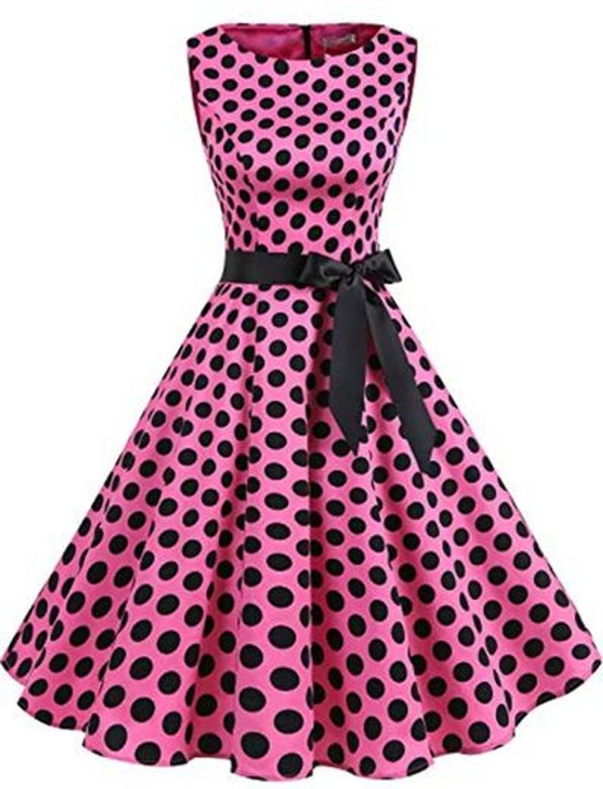 Moda Vestido Rojo para Fiesta Mujer Audrey Hepburn Rockabilly Vintage Vestido 1950s Retro Cóctel Swing Fiesta Vestido Pink Black Dot XS