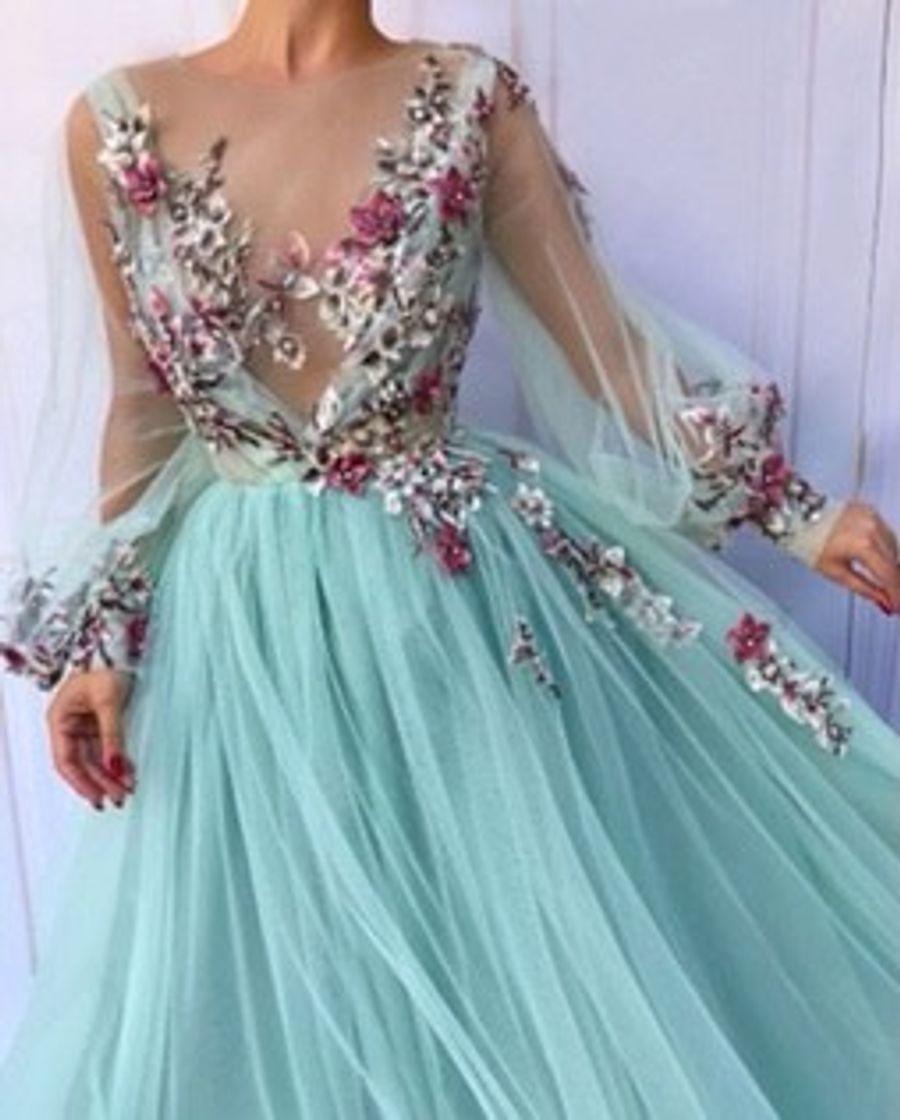 Moda blue gown with flowers